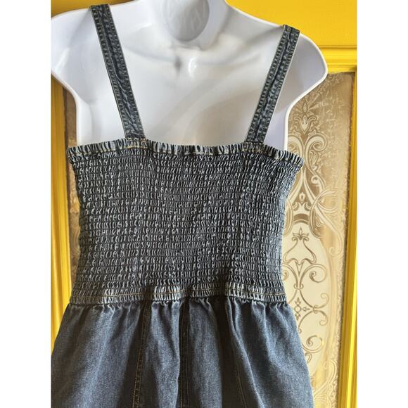 Vtg Y2K Japra Overall Mini Denim Jean Smocked Sundress Strap Dress Large 90s - Picture 4 of 7